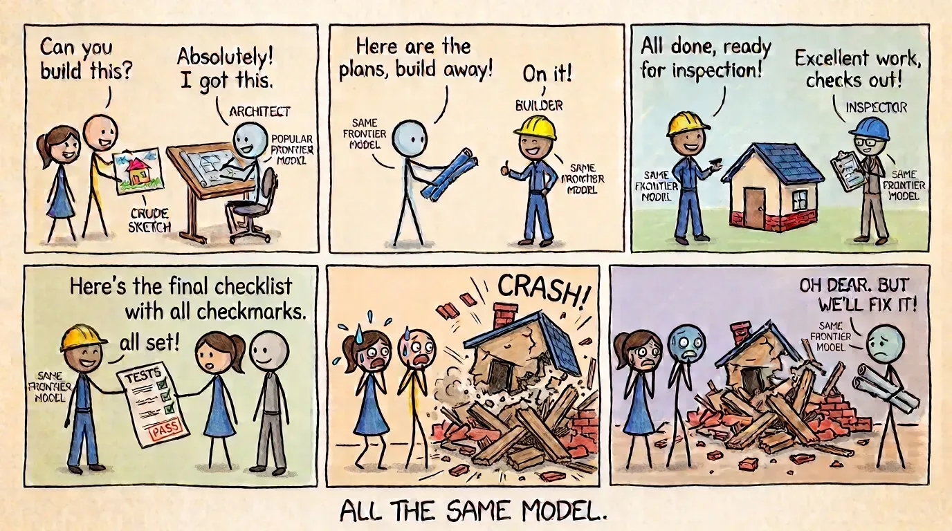 Comic: a couple hires an architect, a builder, and an inspector for their house — every one labeled 'same frontier model'. The checklist of tests all pass; the house collapses. Caption: ALL THE SAME MODEL.