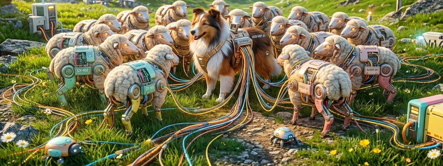 A Sheltie named Shep minding a herd of cabled electric sheep on a sunny hillside — the corral at work.